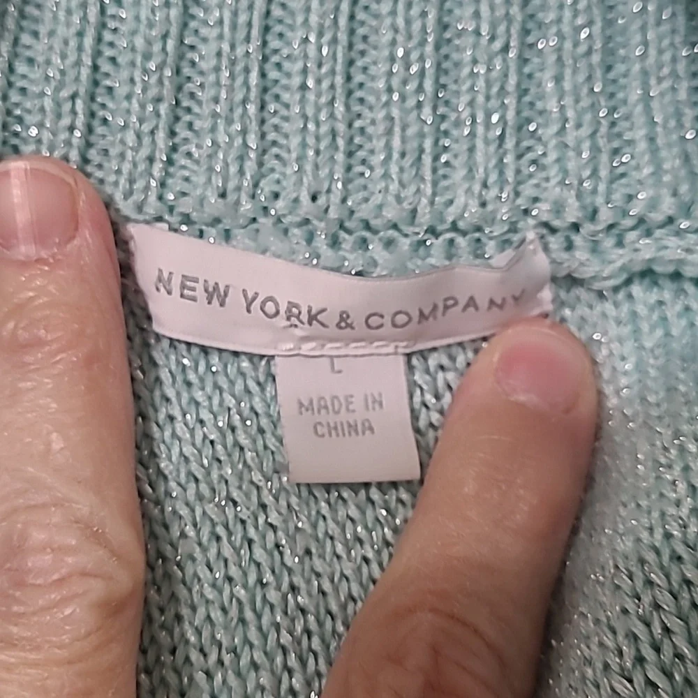 New York & Company Aqua Cowl Neck Sweater with Silver Threading size Large